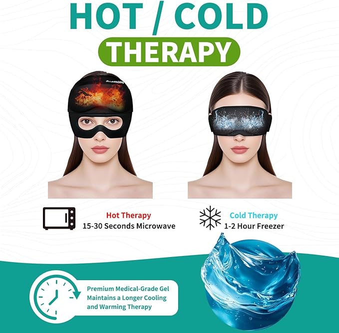 3-in-1 Migraine Relief Cap with Neck Ice Pack Wrap & Detachable Ice Eye Masks, Soothing Headache Relief Cap Ice Cold Pack Mask, Cold Heat Compress Reusable Headache Relief Products for Stress Hangover