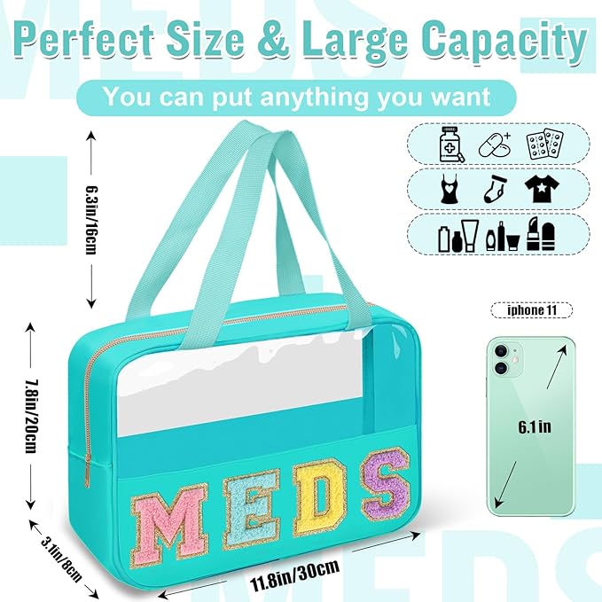 Chenille Letter Clear Makeup Bag MEDS Tote, Large Preppy Medicine Bag Travel Drugs Pills Bag Zipper Pouch with Handle,Waterproof Nylon Portable Cute Cosmetic Toiletry Storage Bag for Women(MEDS-Green)