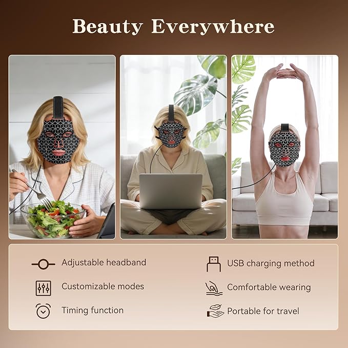 Red Light Therapy Mask for Face, 4 Modes Portable Led Face Mask Light Therapy with Remote, 180 LED Beads, Infrared Mask for Home Working Travel Yoga