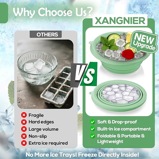 XANGNIER Face Bowl for Ice with Built-In Ice Tray – Collapsible Silicone Facial Ice Bath Bowl for Cold Plunge Therapy, Skin Tightening & Acne Relief – Green Portable Spa Tool for Home & Travel