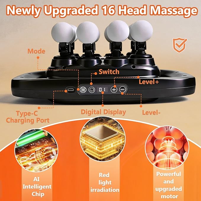 16-Head Massage Gun-Professional Deep Tissue Massager for Thighs, Arms, Waist, Back, Muscle Tension Relief, Electric Percussion Massage Gun with 3 Modes & 30-Speed Touch Screen Adjustment