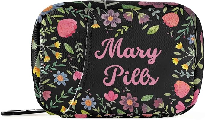 Custom Pill Box 7 Day Pill Case Bag Floral Flowers Personalized Name Travel Pill Organizer Bag with Zipper Portable Weekly Case Compact Size for Vitamin Supplement Holder