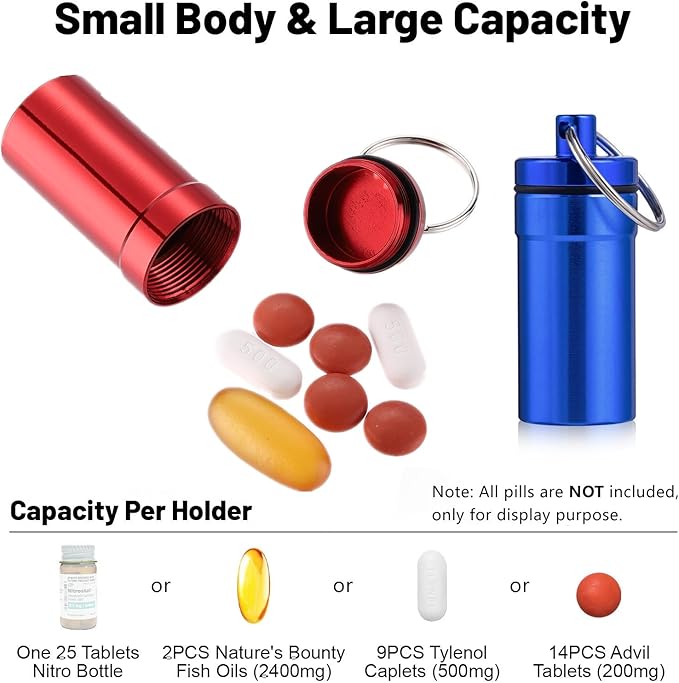 Keychain Pill Holder for Nitroglycerin, 3 Pack Mini Waterproof Portable Travel Purse Pocket Pill Case, Keychain Fob Container for 25ct Nitro/Nitroglycerin Bottle (3pcs-Red + Blue + Purple)