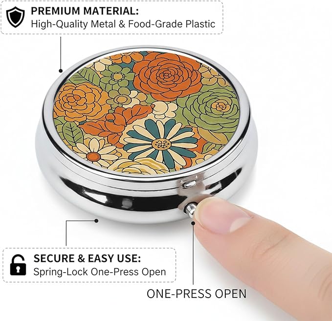 Round Pill Case Small Pill Box with Mirror Pocket 3 Compartment Vitamin Pill Medicine Case Organizer Pill Containers for Traveling Vintage Flower One