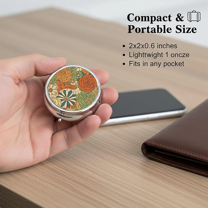 Round Pill Case Small Pill Box with Mirror Pocket 3 Compartment Vitamin Pill Medicine Case Organizer Pill Containers for Traveling Vintage Flower One