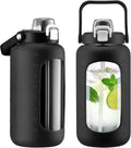 72oz Glass Water Bottle with 2-IN-1 Straw &Chug Lid, Large Motivational Glass Bottle with Capacity Marker and Silicone Sleeve, 2.1Liter Gallon Water Jug for Home, Sports, Gym, BPA Free-Black