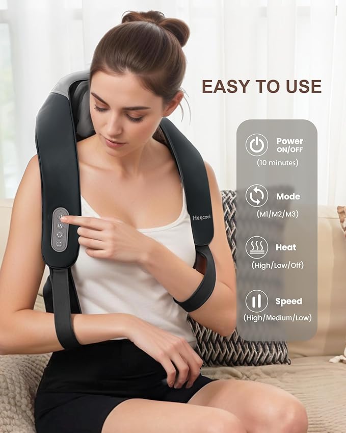 4D Shiatsu Neck Massager with Heat, Cordless Back and Neck Massager, 3 Speeds & 3 Heating Level, Lightweight Portable Shoulder Massager for Tech Neck & Commuters, Gifts for Men Women