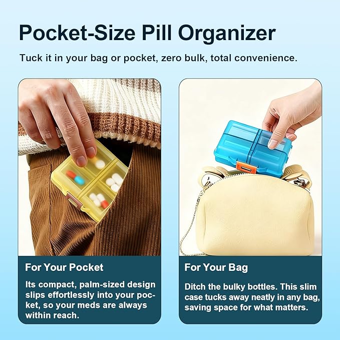 Weekly Travel Pill Organizer Box, 8 Compartments Small Fold Medicine Case Holder, Daily AM PM Morning Night Pocket Travel Capsule Dispenser for Vitamin, Fish Oil, Supplement, Tablet, Grey