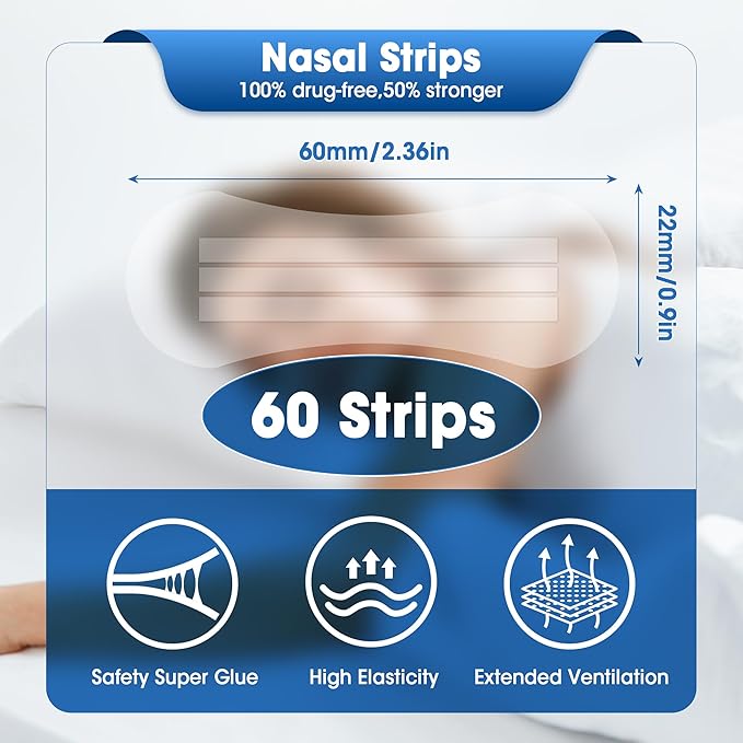 Nasal Strips for Snoring,Extra Breathing Nose Strips,Reduce Snoring Aids for Men & Women,Oil & Sweat Proof,Help Improves Sleep and Sports,Universal Fit (Clear, 60Pcs)