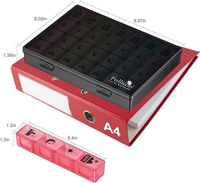 Fullicon Large Weekly Pill Organizer 4 Times a Day,7 Day Pill Box, Portable Medicine Organizer for Supplements Vitamin Pill Case Black