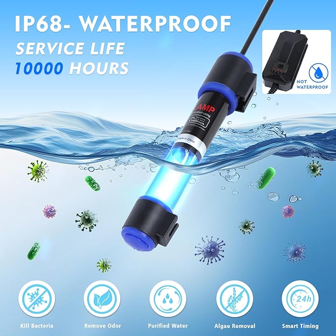 UV-C Aquarium Clean Light with Timer, Mini 3W 5W 7W 9W 11W Submersible Algae Clean Light Water Green Clean Fish Tank Water Clean Lamp for Sump Pond Filter Tank (5W Timer)