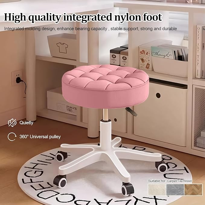 Small Rolling Stool with Wheels, PU Leather Height Adjustable Vanity Work Task Stool, 360 Swivel, Padded Seat Cushion,for Salon, Home, Office
