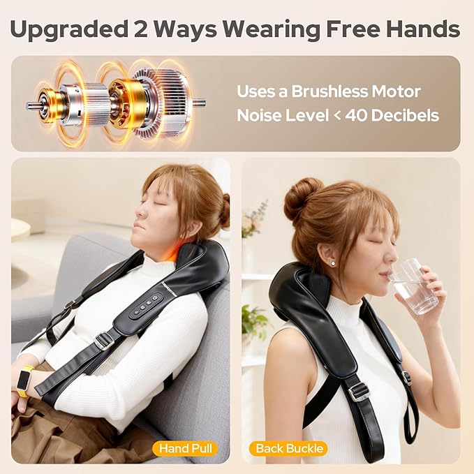 Shiatsu Neck and Back Massagers with Heat, Cordless Rechargeable 4D Kneading + Tapping Wearable Massager, 3 Tapping Intensities, 3 Speeds, Ultra-Quiet Under 45dB for Deep Muscle Relief