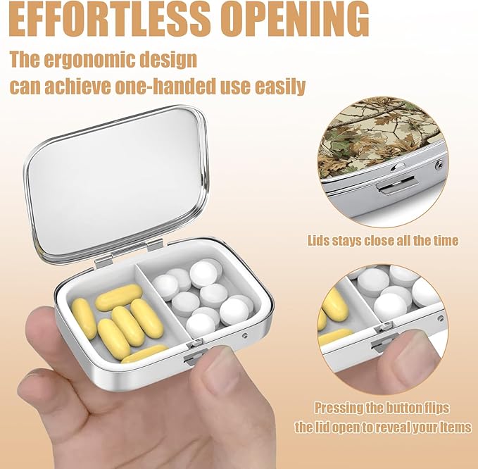 Pill Box-2 Compartment Small Pill Case Square Organizer Case with Mirror Portable Metal Medicine Box Travel Container for Pocket & Purse Women Men(Camo Forest)