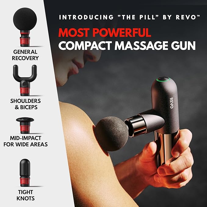 The Pill by REVO - Handheld Deep Tissue Electric Massage Gun with 4 Attachments - Powerful, Sleek, Ergonomic, Lightweight - Compact and Easy to Hold Percussion Muscle Massager