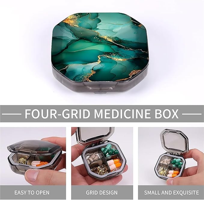This Portable Teal Gold Marble Pattern 4-Compartment Pillbox Can Be Placed in A Pocket Or Wallet to Store Vitamins, Medicines Fish Oil Health Supplements Other Medications.
