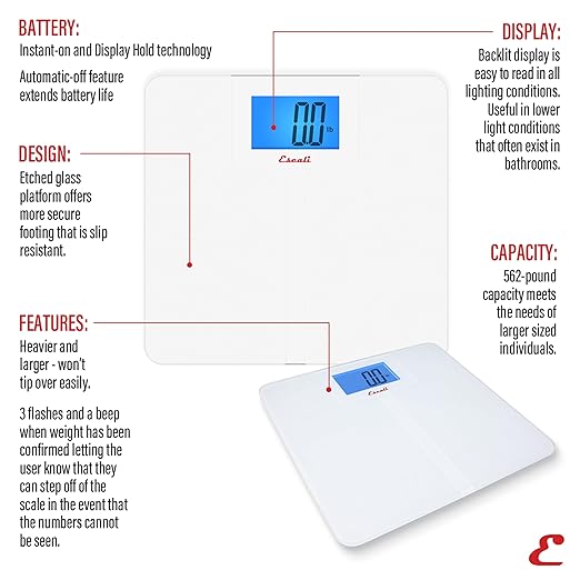 Escali High Capacity Anti-Slip Digital Bathroom Scale for Body Weight with Extra-High 562-lb Capacity, Batteries Included