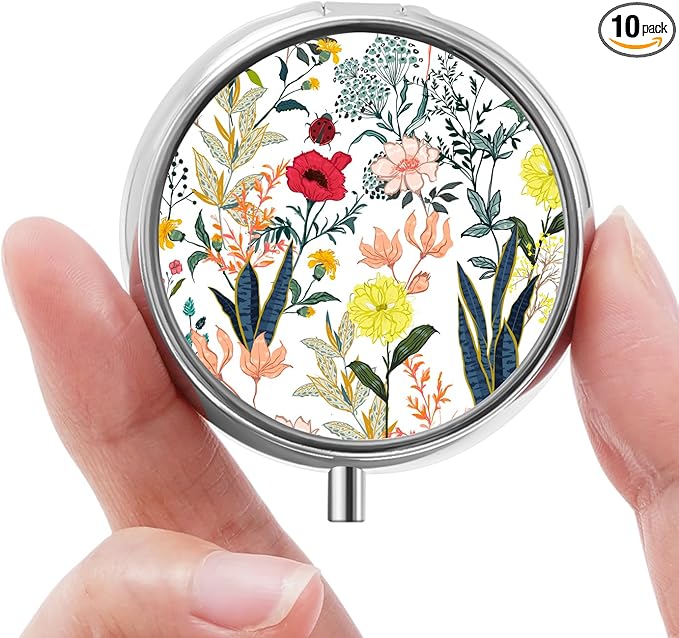 Mini Pill Box, Small Pill Box, Portable Pill Box, Cute Pill Organizer for Vitamins, Medications, Fish Oil and Supplements (White Flowers)