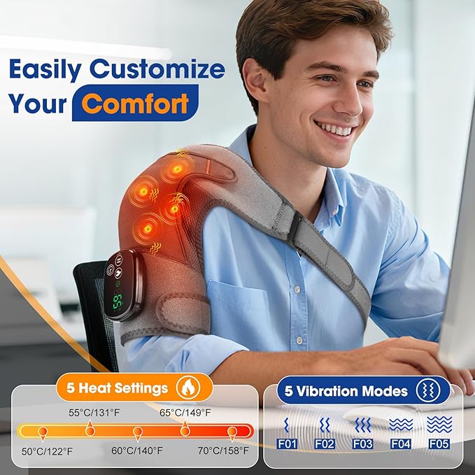 Upgraded Cordless Shoulder Heating Pad with Vibration, Rotator Cuff Pain Relief Pad with 4 Motors & Larger Heating Area, 5 Heat & Vibration Modes & 3Timer, 5000mAh Battery, Portable Shoulder Massager