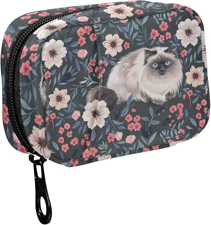 Fustylead Fluffy Cute Birman Cat and Blooming Flower Pill Organizer and Storage Weekly with Zipper, Removable Pill Box Portable Medicine Organizer for Vitamin Fish Oil Supplement