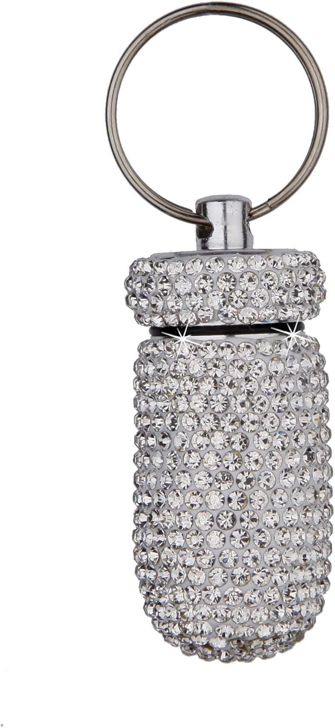 1PCS Bling Crystal Rhinestone Portable Pill Case Pill Container Waterproof Pill Holder with Keychain Glitter Travel Pill Box Small Medicine Dispenser Bottle Storage for Outdoor Camping Travel,A