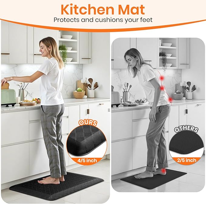 4/5 Inch Extra Thick Kitchen Mats for Floor,Non Slip Anti Fatigue Kitchen Rugs,Waterproof Stain Resistant Sink Mat,Cushioned Standing and Comfort Mats for Office (17"x24" Black)