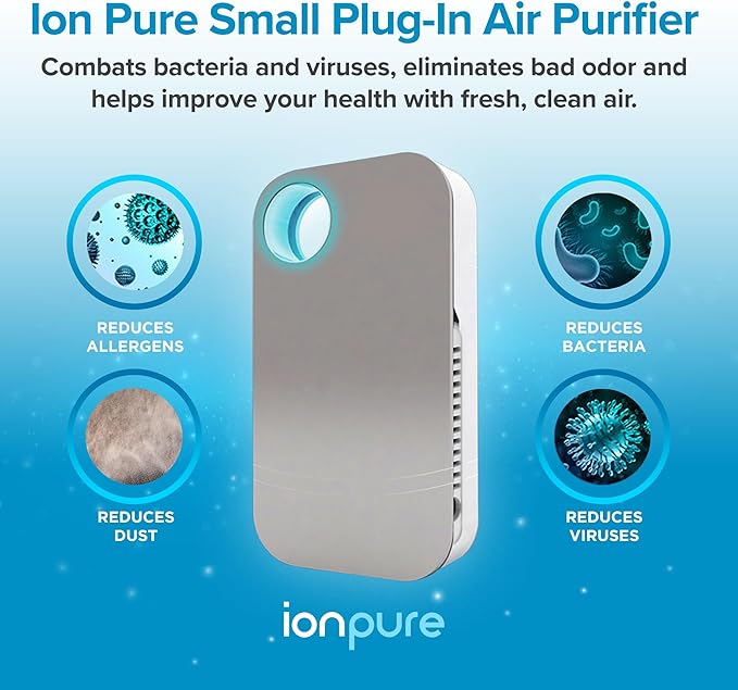 Ion Pure Plug In Air Purifier for Home | Negative Ion Technology for Allergen and Odor Reduction No Filter Compact, Quiet Operation Air Ionizers for Home Kitchen, Bedroom, Bathroom Air Purifiers