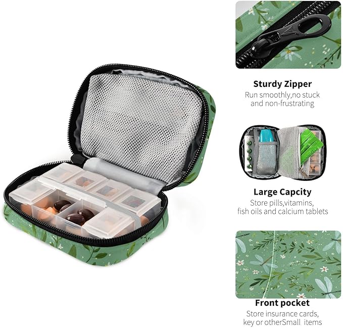 Pastoral Green Dragonflies Flowers Leaves Travel Pill Organizer Case Box Container Weekly Portable Vitamin Medicine Holder Storage Bag with Zipper Removable