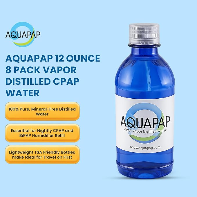 AQUAPAP 12 Ounce 8 Pack Vapor Distilled CPAP Water | 1-2 nites per Bottle | for use with Resmed and Respironics Machines