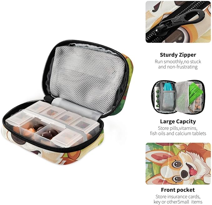 Farm Corgi Dog Travel Pill Organizer Weekly Small (Cute) Pill Box 7 Day Pill Case Vitamin Holder Pill Bottle Organizer