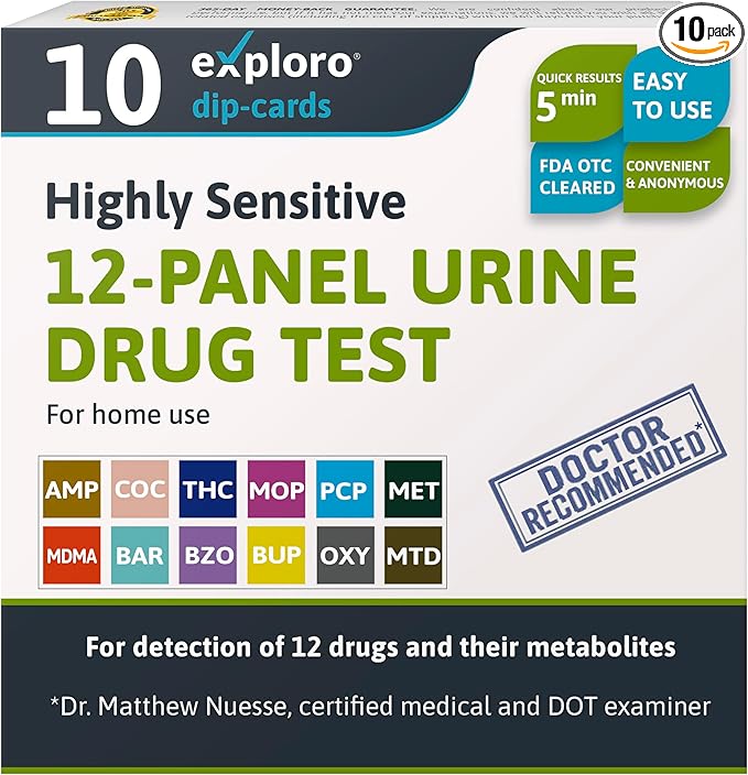 Exploro 12 Panel Urine Drug Test, Drug Test Kit for Multidrug Screen, Accurate 12 Panel Drug Test Urine for 12 Type of Drugs, Easy at Home Drug Tests, DOT Compliant, Peace of mind results (Pack of 10)