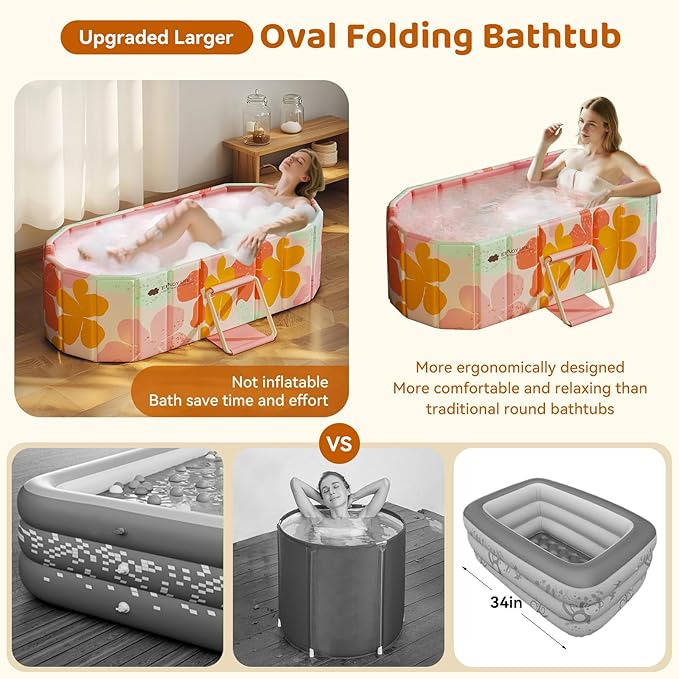 Portable Foldable Bathtub, Freestanding Bathtub No Installation, Bathroom SPA Soaking Bath Tub, Shower Stall Collapsible Hot & Ice Bath for Indoor Outdoor (Pink, ‎47.2"L x 21.6"W x 19.6"H)