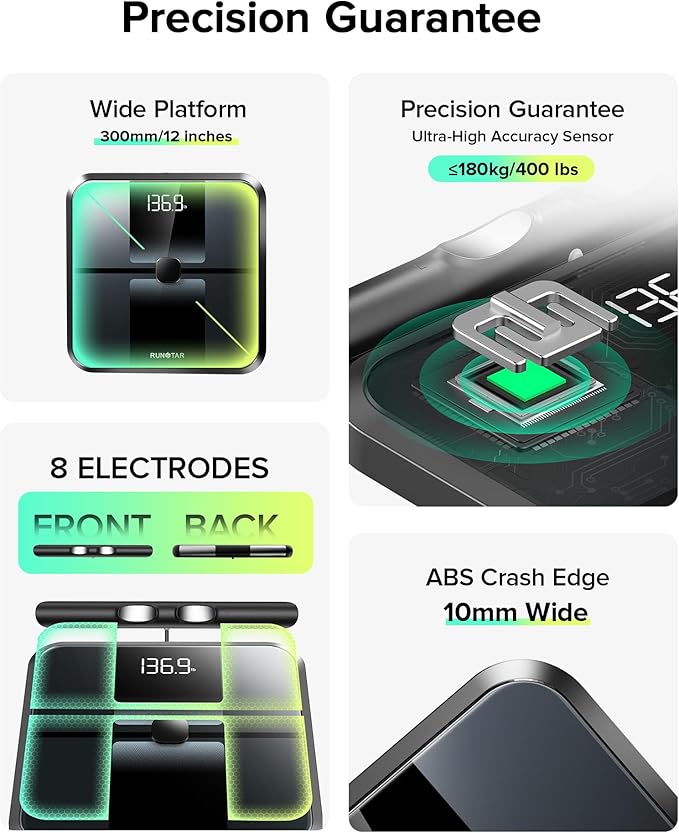 RunStar Smart Scale for Body Weight, Full-Body Bathroom Scale with 8 Electrodes for BMI, Muscle Mass, 3-Metric Display, High-Accuracy Body Composition Monitor with 28 Metrics & App Connectivity Black