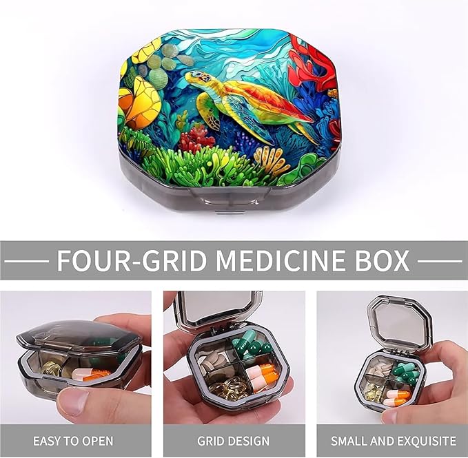 This Portable Colorful Coral Reef Sea Turtle Pattern 4 Compartment Pill Box Can Be Placed in A Pocket Or Wallet to Store Vitamins, Medicines Health Supplements Other Medications.