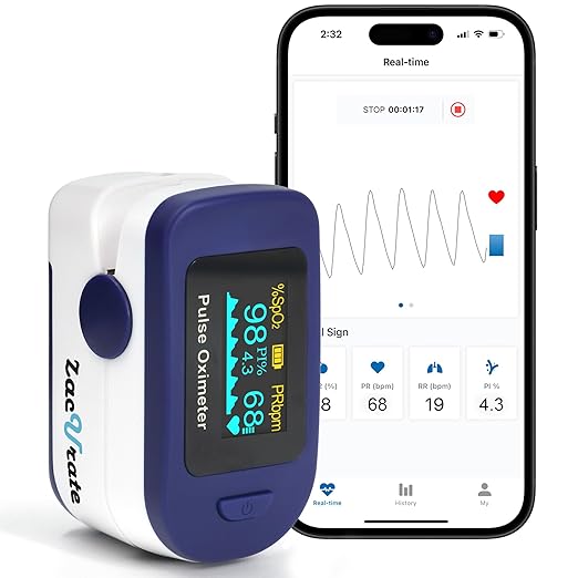 Zacurate 500B-B Wireless Bluetooth Fingertip Pulse Oximeter, Blood Oxygen Monitor with Free App, SpO2, Plethysmograph, and Perfusion Index Finger Oxygen Sensor