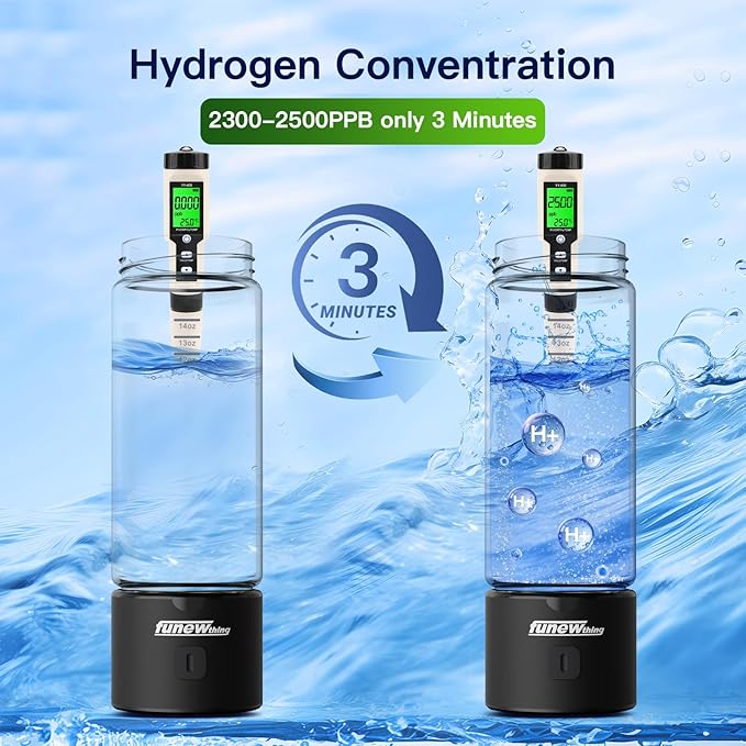 Hydrogen Water Bottle Generator, 2500ppb Portable Water Ionizer Machine with SPE/PEM Technology in 3-Minute Electrolysis, Rechargeable Hydrogen Rich Glass Cup for Home Office Travel & Fitness, Black