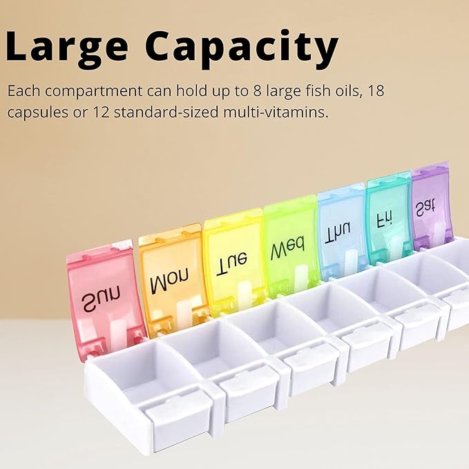 PERFORMORE Portable Weekly 7-Day Pill Organizer, Travel Medicine Box, Rainbow Color, BPA Free with Easy Push Button Design Case Holder for Pills, Vitamin, Supplements and Medicine