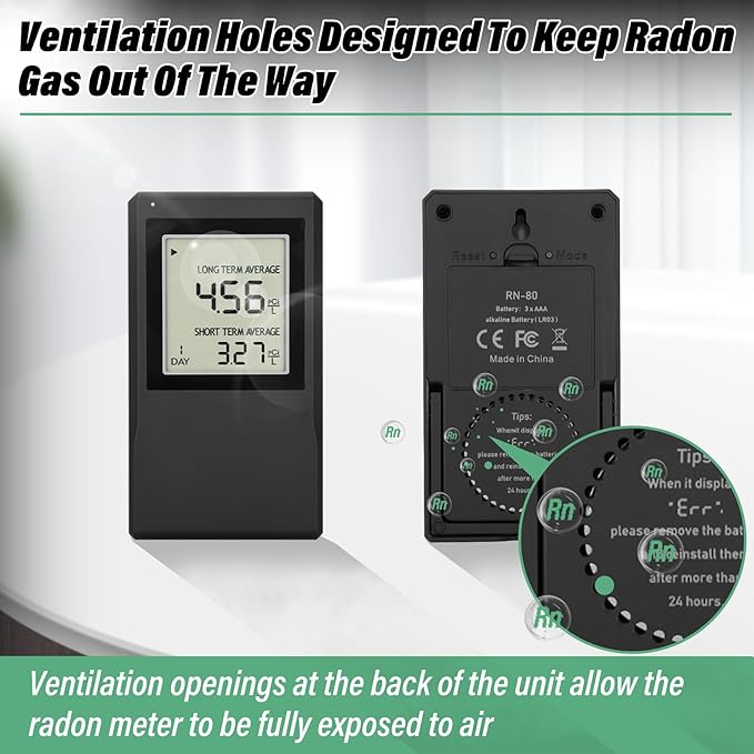 Radon Detector for Home, Allows Short and Long Term Monitoring of Radon Levels in The Air, Dual use for Hanging and Tabletop Placement, US Version-Pci/L,Radon Detector,Home Radon (Black)