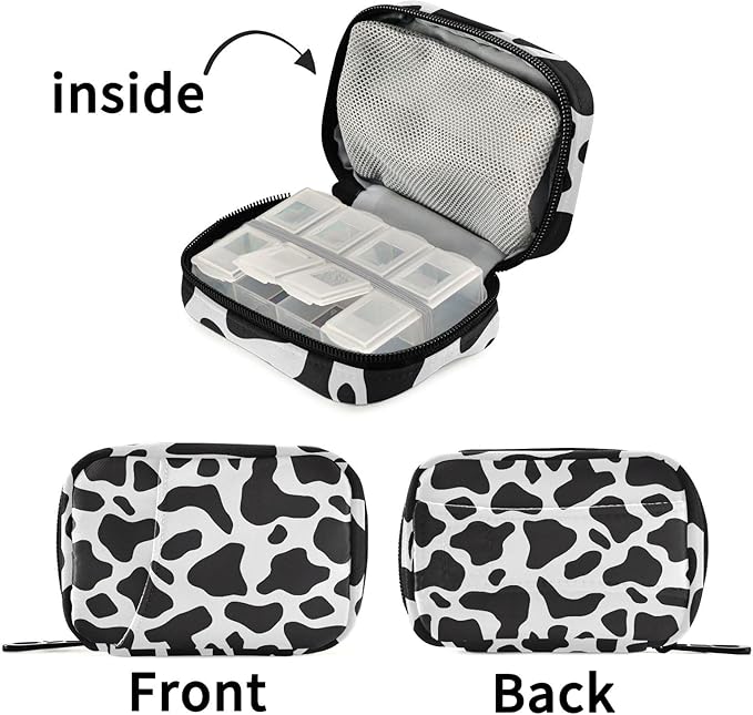 Black Cow Print Pill Organizer Case Simple Animals Skin 7 Day Travel Pill Box with Zipper Portable Weekly Vitamin Medicine Supplement Holder Pouch Bag