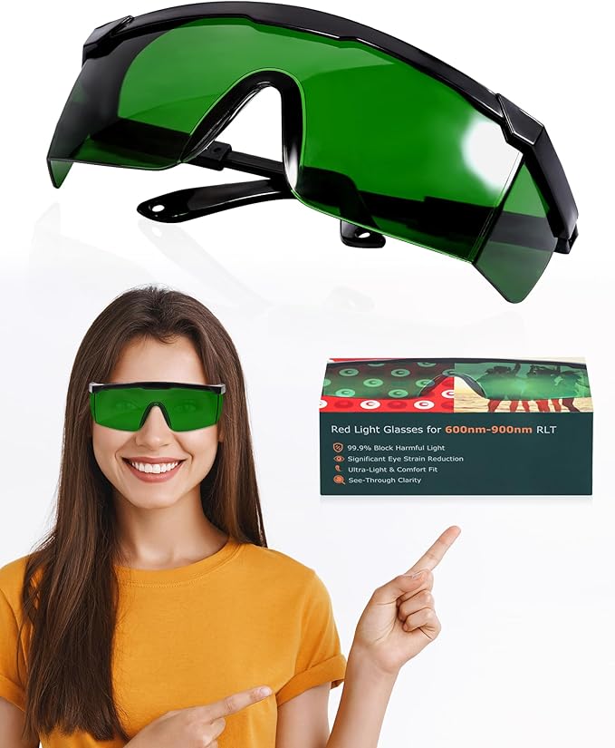 LIGHTMEUP Red Light Therapy Glasses Eye Protection for Infrared & LED Sessions Deep Green Goggles with 200-2000nm Harmful Wavelength Blocking, Maintain Visibility Full-Coverage Adjustable Leg