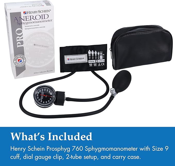 Henry Schein Prosphyg Aneroid Sphygmomanometer – Size 9 (5.1"–7.6") Black Cuff, Manual Blood Pressure Monitor, Reusable, Dial Display, Latex-Free, Includes Leatherette Carrying Case – 1 Each