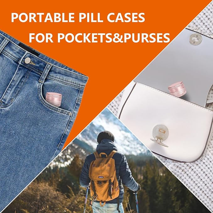 Small Pill Box, Portable Daily Box, Aluminium Alloy Round Container for Pills, Pocket Case (Pink)
