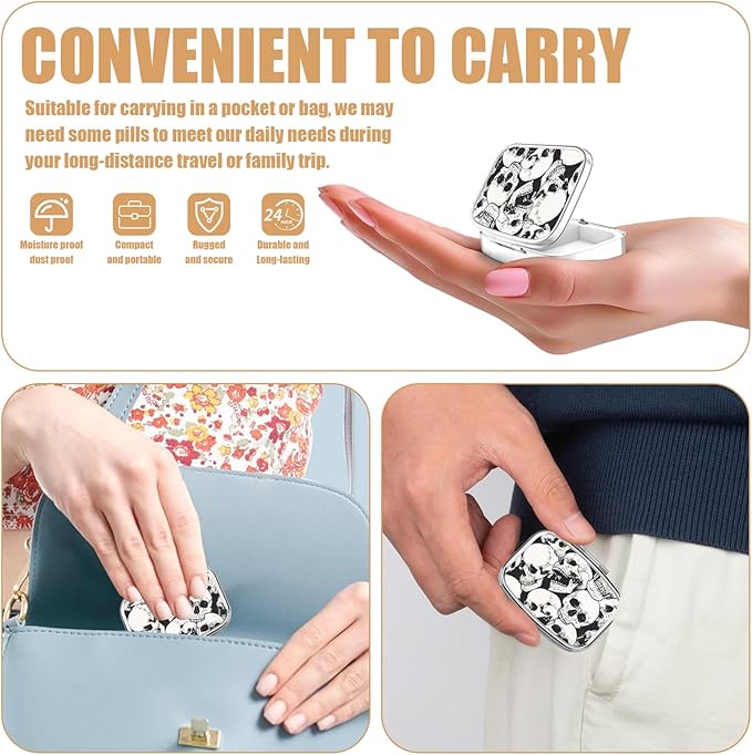 Pill Box-2 Compartment Small Pill Case Square Organizer Case with Mirror Portable Metal Medicine Box Travel Container for Pocket & Purse Women Men（Halloween Skull）
