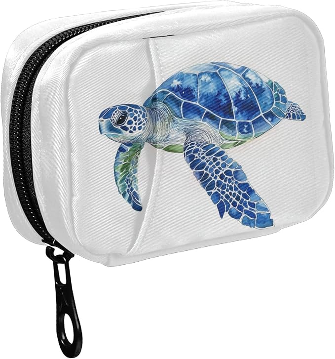 Fustylead Watercolor Hand Draw Blue Sea Turtle Pill Organizers 2 Times A Day Pill Case Bag with Zipper Portable Weekly Pill Dispensers for Vitamin Supplement