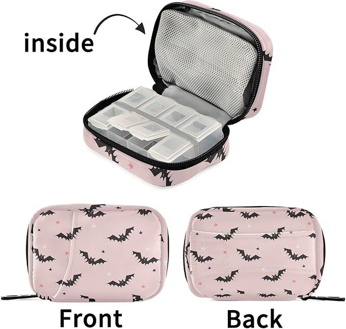 Halloween Bats Pink Pill Box 7 Day Pill Case Travel Pill Organizer Bag with Zipper Portable Weekly Vitamin Medicine Supplement Holder Pouch Bag