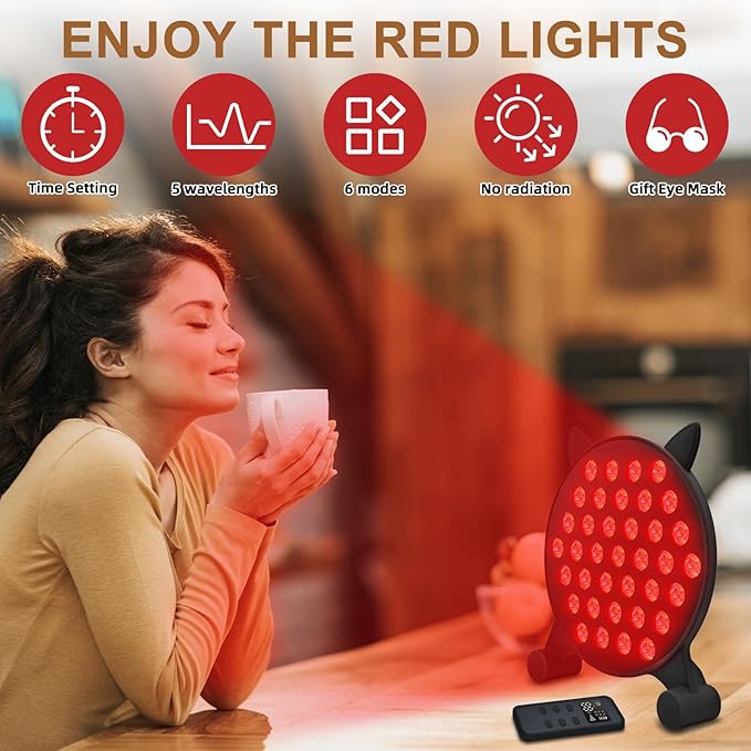 Cat-Face Red Light Therapy Lamp – 460 nm & 850 nm Infrared Panel, 185-LED red-Light Device with 5 Brightness Levels and Adjustable Angle for Easy use at Home or in The Office.