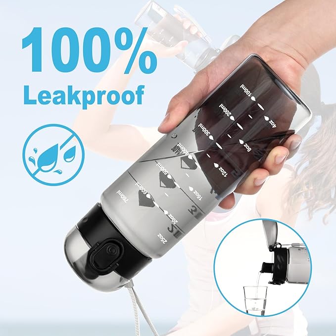 Clear Water Bottle, Wide Mouth Leakproof Water Bottle with Time Marker, 26OZ Plastic Water Bottles, Lightweight for Sports, Travel, Black