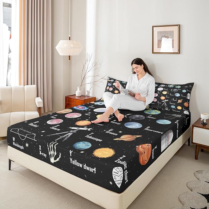 Solar System Bedding Set Full Size for Boys Girls, ABC Alphabet Bed Sheet Set Solar System Alphabet Fitted Sheet Educational Bed Cover with 2 Pillow Case (No Flat Sheet)