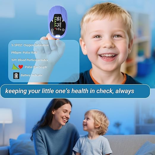 Pediatric Fingertip Pulse Oximeter for Kids, Blood Oxygen Saturation & Pulse Rate Monitor, Fast Reading SpO2 PR Display with Memory Function, Adjustable Brightness, Batteries Included
