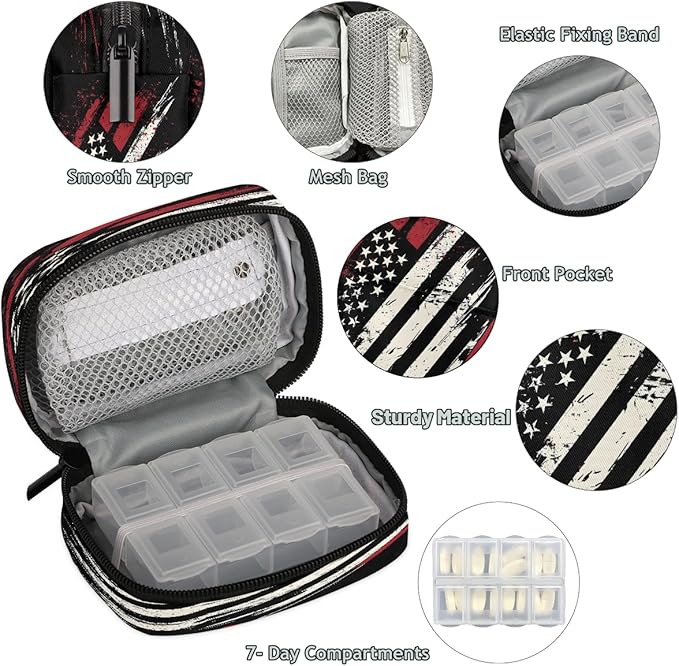 American Flag Abstract Art Travel Pill Organizer Box Weekly Portable Pill Case Daily Pills 7 Day Small Birth Control Pills Container Removable Compartments for Medicine Vitamins Fish Oil